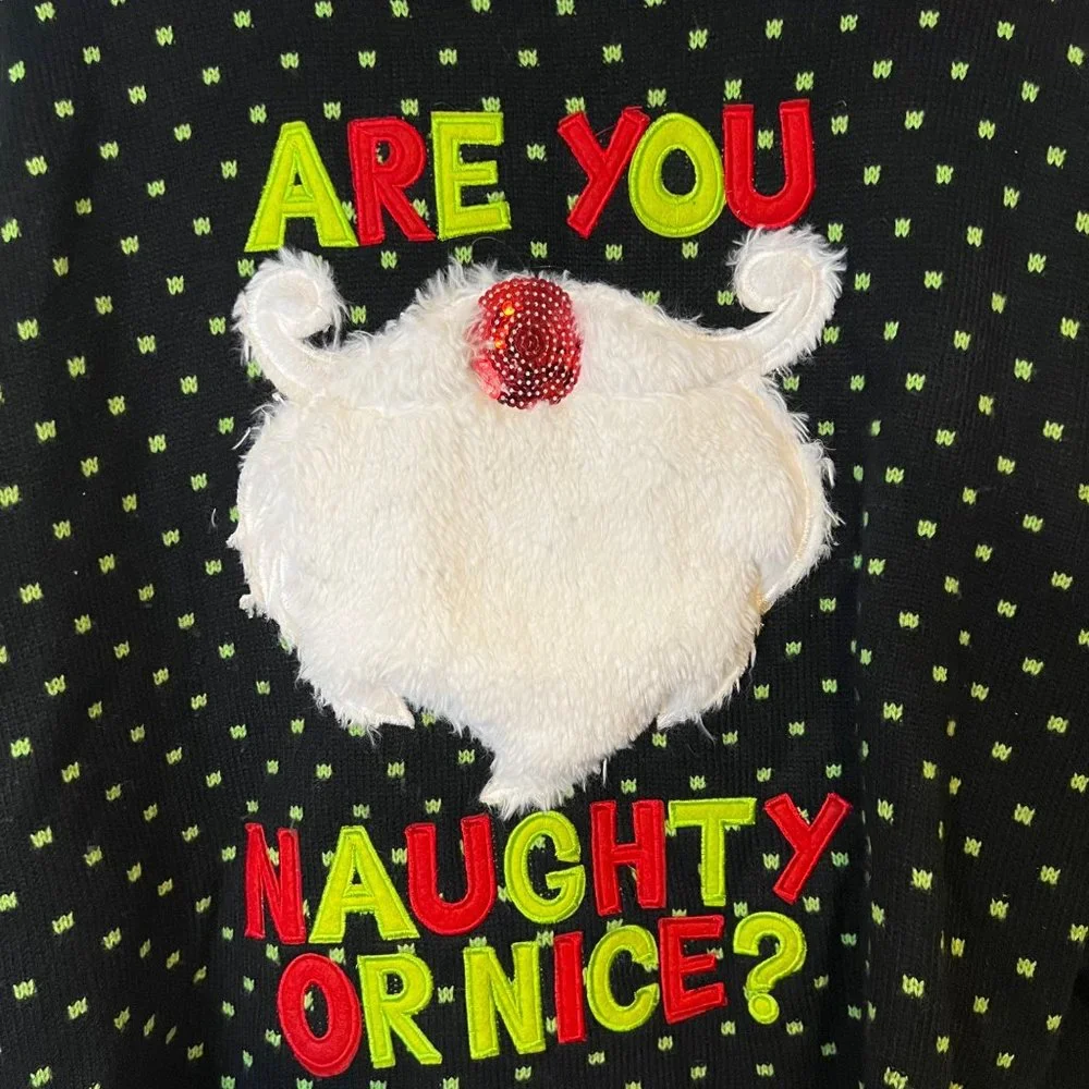 Merry Christmas Ugly Sweater Are You Naughty Or Nice Black 3D Fur Santa Beard - Picture 2 of 9
